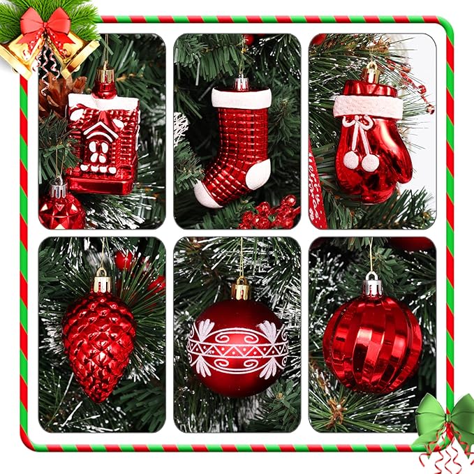 Christmas Tree Ornament Set - 132pcs Red and White Ball Decorations, Shatterproof Hanging Ornaments, Large and Small Assortment for Holiday Party Decor
