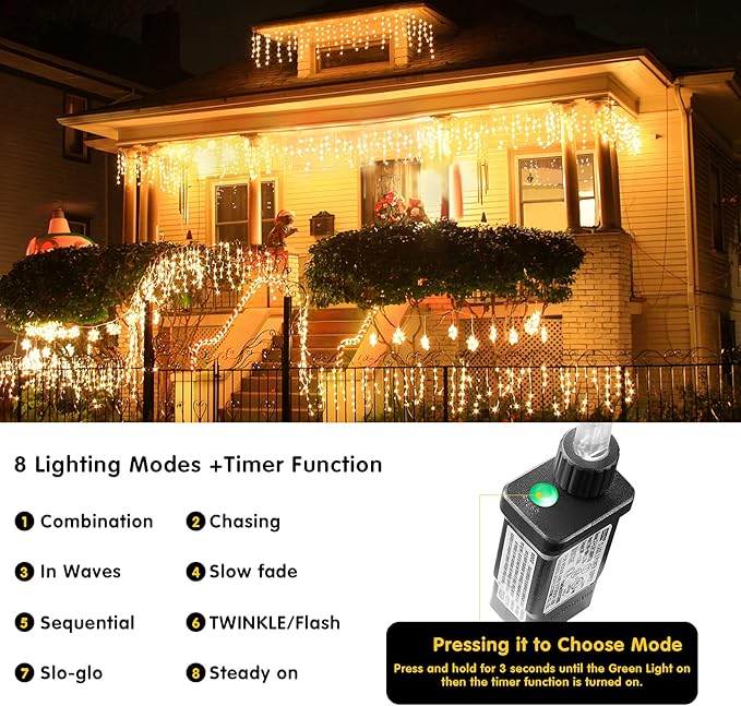 Led Christmas Lights Outdoor Christmas Decorations Hanging Light 400LED 8 Modes 75 Drops, Waterproof Outdoor Indoor Fairy Christmas Lights for Party, Holiday, Wedding, Eaves Decorations (Warm Light)