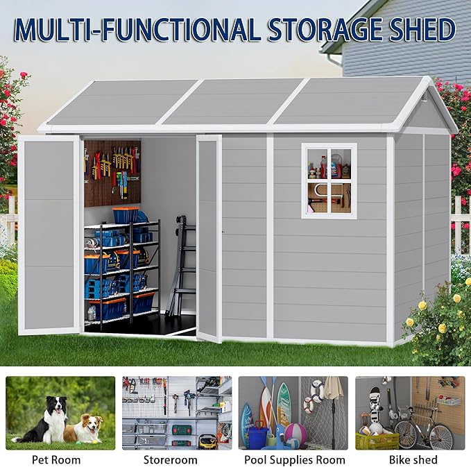 10x8 FT Resin Outdoor Storage Shed with Floor, Weather-Resistant Plastic Garden Shed with Windows, Lockable Door and Vents, Outside Tool Storage Sheds for Backyard, Garden, Lawn, Grey
