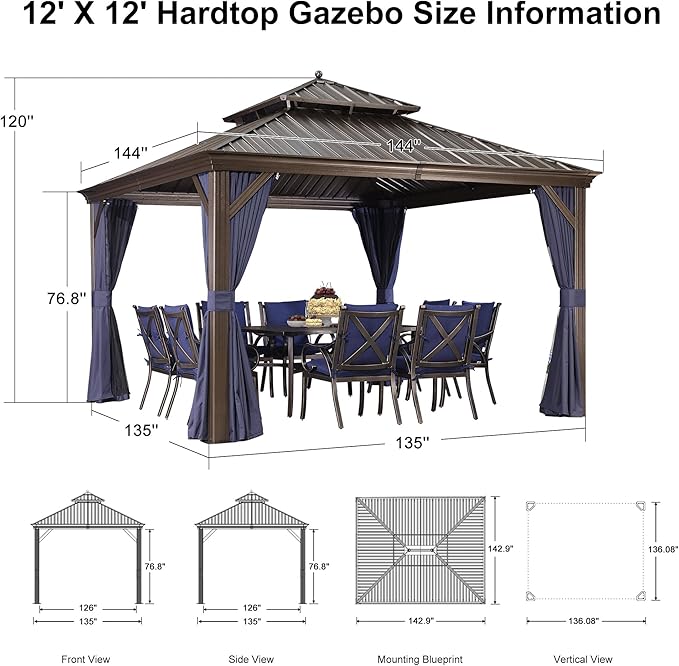 PURPLE LEAF 12' X 12' Hardtop Gazebo Canopy with Netting and Curtains for Outdoor Hot Tub Heavy Duty Backyard Sunshade Deck Metal Roof Patio Permanent Pavilion