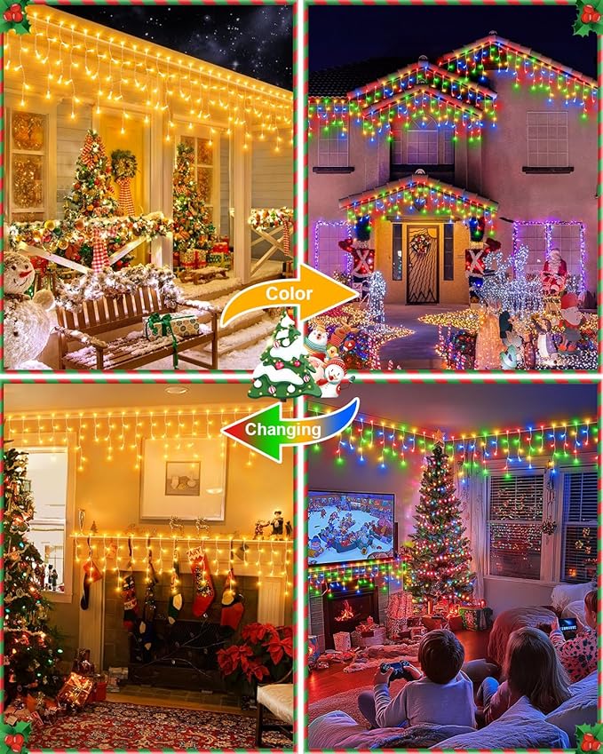 Christmas Lights Outdoor, 53 FT 486 LED String Lights for Outside, Timer & Memory, Plug in 8 Modes Hanging Fairy Lights with 108 Drops for House Eaves Holidays Decorations Multicolor to White