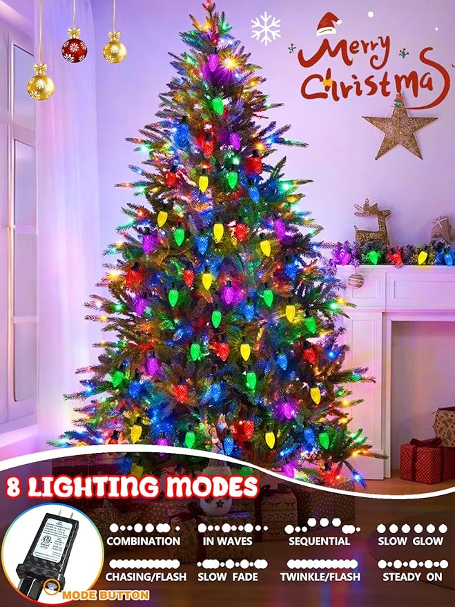 2-Pack Extentable C9 Christmas Lights Outdoor Indoor, 66 FT 100 LED Christmas String Lights Plug in with 8 Modes & Timer, Waterproof Fairy Twinkle Light for Xmas Tree Yard Decorations (Multi-Colored)