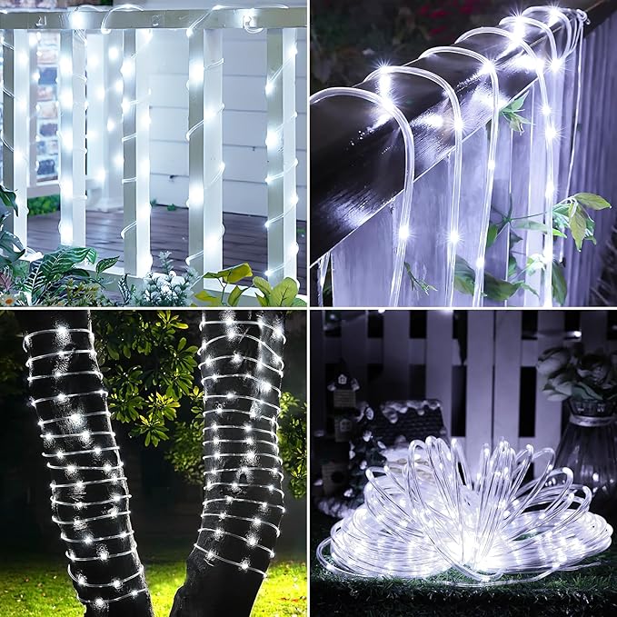 Solar Rope Lights, 66ft 200LED Solar String Lights, 8 Modes Waterproof Solar Powered Outdoor Light, Flexible Clear Tube Light for Garden, Backyard, Patio, Deck, Porch, Pool, Tree Decorative - White