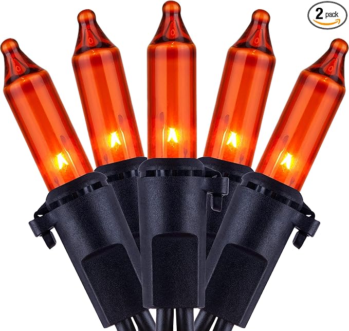 YULETIME 200 Orange String Lights with Black Wire, Pack of 2 Sets 33 ft 100 Count UL Certified Christmas String Lights (Orange)