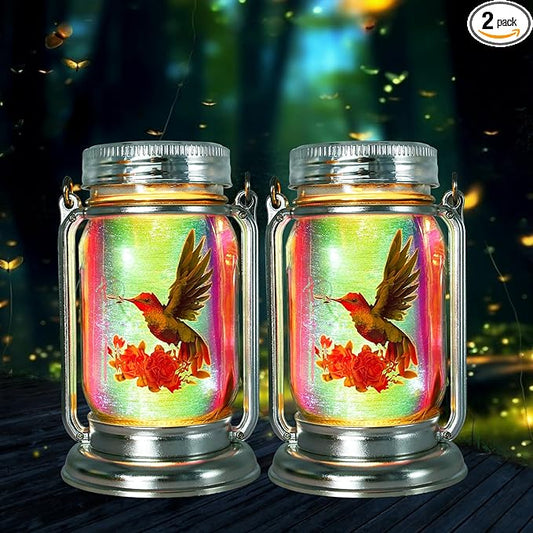 2 Pack Hummingbird Solar Outdoor Lanterns, Gifts for Women Mom Grandma, Vintage Glass Mason Jar Solar Fairy Lights, Waterproof Garden Lights for Patio Yard Lawn Tree Party Decor