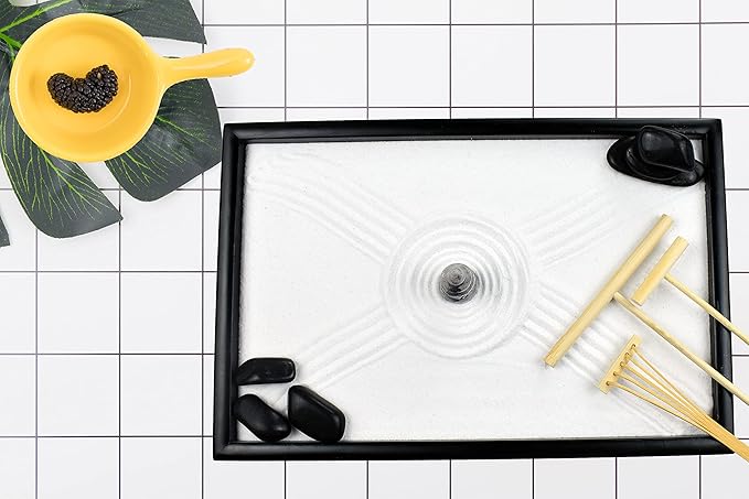 Artcome Japanese Zen Sand Garden for Desk with Rake, Stand, Rocks and Mini Furnishing Articles - Office Table Accessories, Mini Zen Sand Garden Kit - Meditation Gifts
