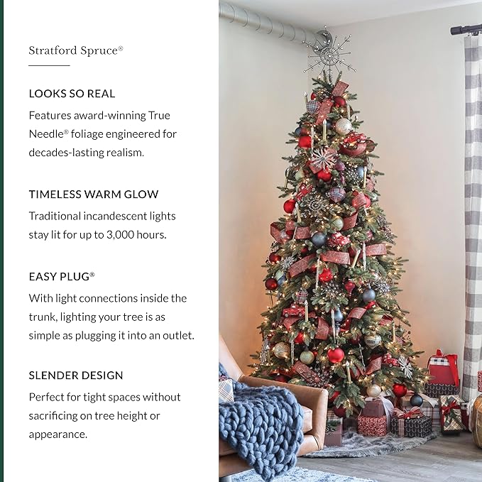 Balsam Hill Stratford Spruce - Slim Artificial Christmas Tree with True Needle Foliage & Premium Stand for Small Spaces, Clear Incandescent, 6ft 6in