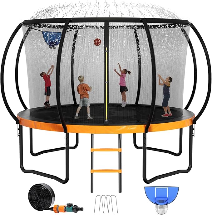 8FT 10FT 12FT 14FT 16FT Trampoline Outdoor, Trampolines for Kids & Adults, Pumpkin Trampolines with Safety Net, Ladder, Coating Metal Frame, ASTM Approved Large Backyard Trampoline for Kids