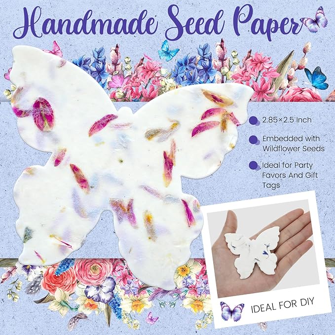 100 Pcs Handmade Seed Paper Plantable Wildflower Seed Paper Recycled Flower Petals Tags Wedding Favors for Guests Craft Gifts Cards for Envelope Birthday Party, 5 Styles (Heart/Butterfly)