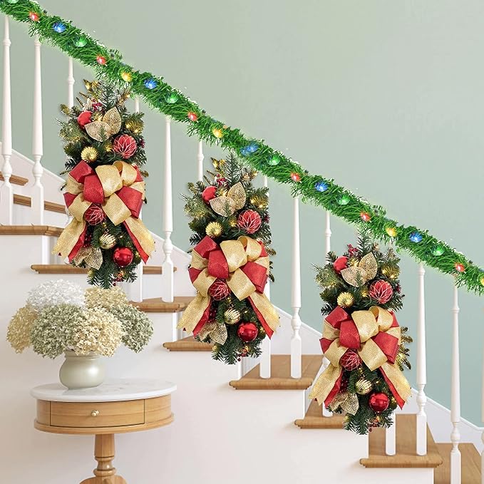 Nerosun 14.8 FT Artificial Christmas Garland, 50 Pre-Lit LED Mini String Lights Battery Operated Xmas Garland for Home Stair Railing Indoor Wedding Party Christmas Ornament Decorations (Multi-Colored)