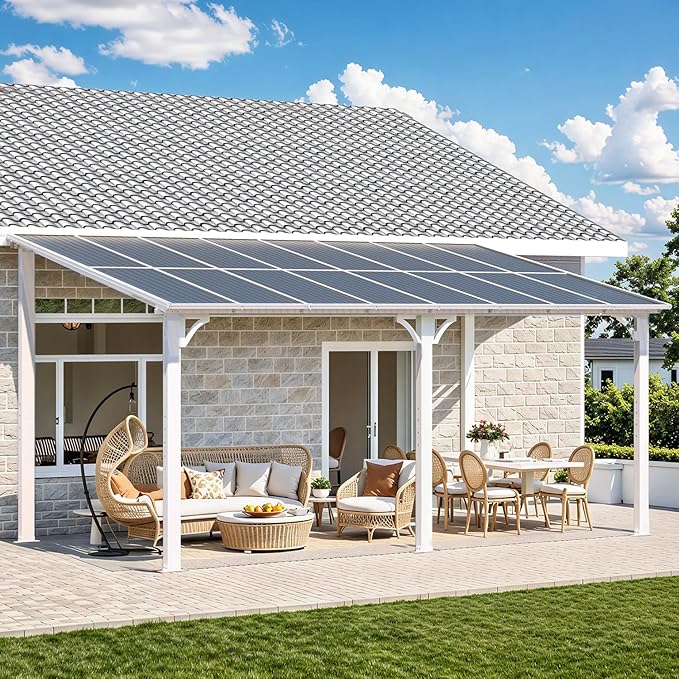 AECOJOY 16' x 8' White Gazebo Outdoor Pergola for Patio, Hard Top Lean to 8x16 Gazebo Shelter Pergolas and Gazebos Clearance with Roof, Large Wall-Mounted Heavy Duty Awnings for Patio