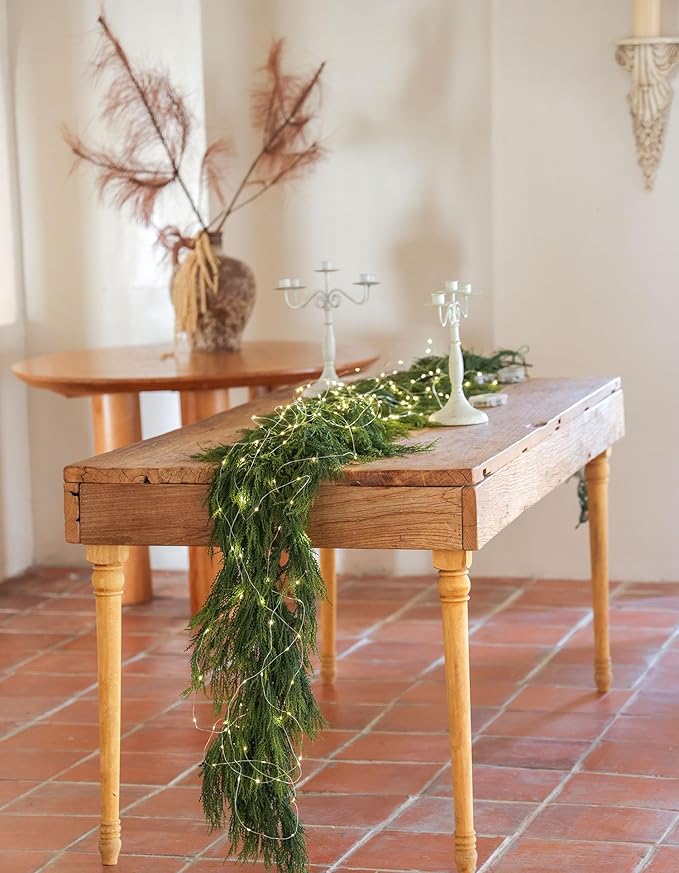 9ft Handmade Christmas Garland,Cedar Artificial Greenery with LED Lights,Seasonal Garland for Fireplace Indoor Outdoor Winter Holiday Decoration