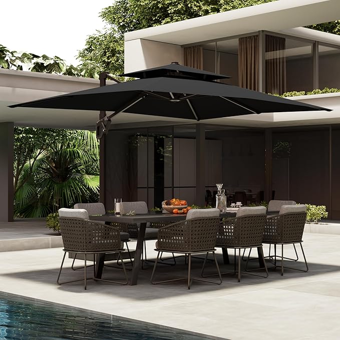 10' X 13' Patio Umbrella with Base Included Outdoor Large Rectangle Offset Cantilever Umbrellas Double Top Heavy Duty Windproof with 360-degree Rotation for Pool Garden Deck, Black