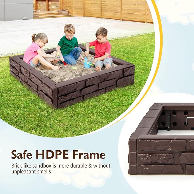 Costzon Kids Sandbox with Cover, 47x 47 HDPE Sand Box w/Oxford Cover, Bottom Liner, Reinforced Structure, Weather Resistant Outdoor Sand Pit for Backyard Lawn Garden Beach (Brown)