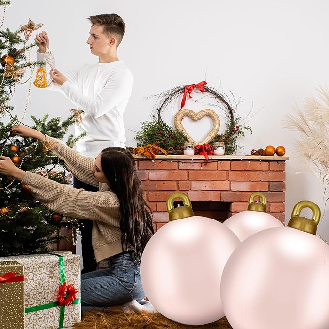 Jetec 8 Pcs Giant Inflatable Christmas Ball Large Xmas Inflatable Ornaments PVC Outdoor Holiday Blow Ball Outside Yard Lawn Porch Decorations (Solid,Light Pink)