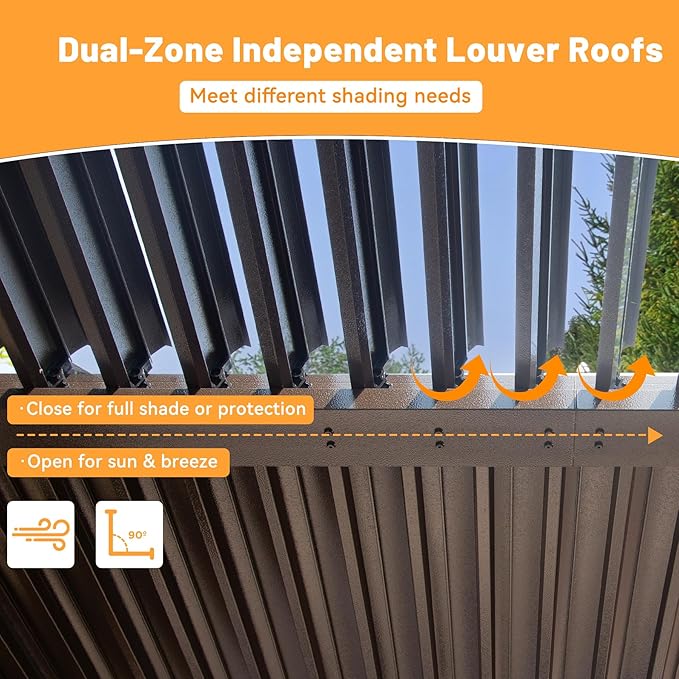 Louvered Pergola 10 x 12 FT, Aluminum Outdoor Pergola with Independent Adjustable Rainproof Top, Built-in Gutter System, Hardtop Patio Metal Pergolas for Deck Garden Backyard -Brown