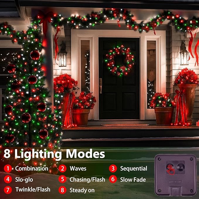 4 Pack 180FT Solar Christmas Lights Outdoor Waterproof, Super Bright 320 LED Solar String Lights with 8 Lighting Modes, Green Wire Solar Twinkle Tree Lights for Outside Xmas Party(Red White and Green)
