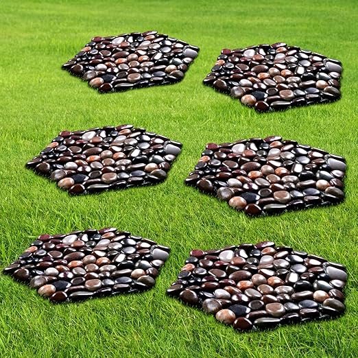 10in River Rock Stepping Stones Set - 6 Pack | Polished Pebble | Long-Lasting PVC Mesh Backing | Perfect for Garden Paths and Lawns Outdoor Landscaping Decoration | Mixed Rhombus