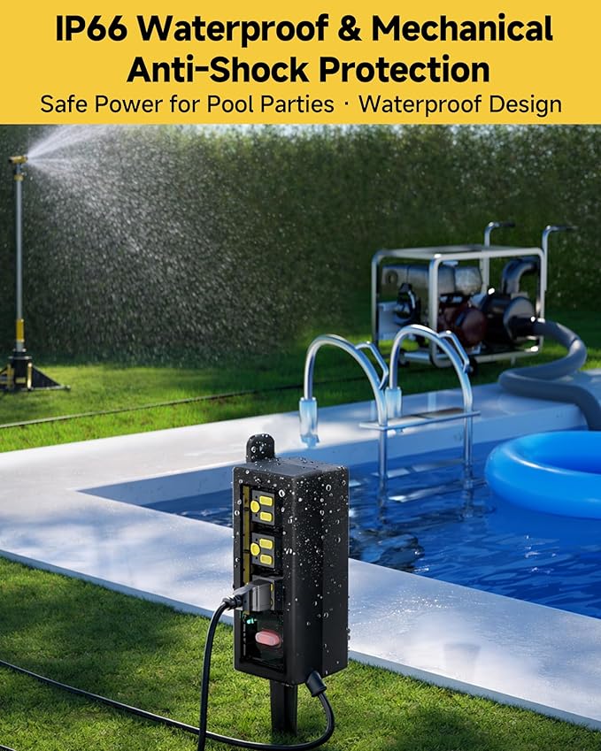 IP66 Outdoor Power Strip Waterproof,Heavy Duty Surge Protector, 25 FT Extension Cord, All-Weatherproof,6AC, Suitable for Outdoor, Work Room, Patio Gardens, Pool Parties,Black
