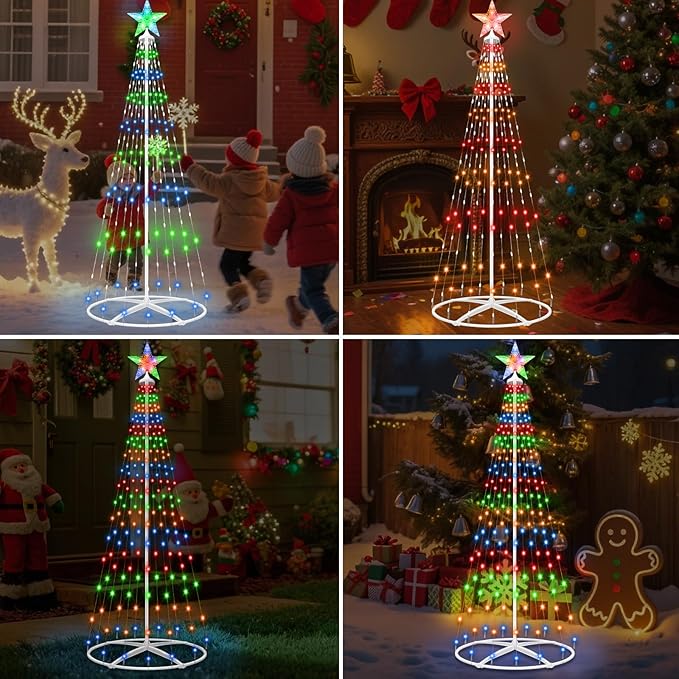 Forlivese 204LED Outdoor Solar Christmas Tree Lights, 5FT Lighted Artificial Cone Tree with Remote, 8 Modes, USB Charge, Timer & Waterproof Christmas Tree Decor for Garden Yard Patio, Multicolor