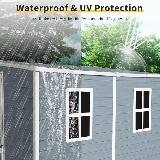 4x8 FT Resin Storage Sheds Outdoor with Floor, 2 Windows & Lockable Door Storage Shed - Waterproof Garden Tool Shed, Patio & Backyard Tool Storage Cabinet Use - Grey
