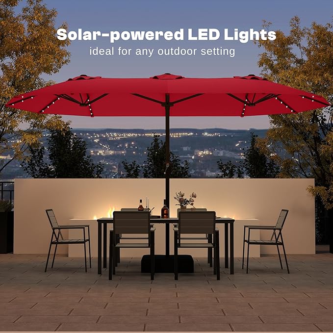 13FT Double-Sided Patio Umbrella with 48 Solar LED Lights, Large Rectangular Outdoor Market Umbrella with Crank Handle, Vented Canopy, Heavy-Duty 12 Rib Steel Frame, for Backyard, Garden, Pool, Red