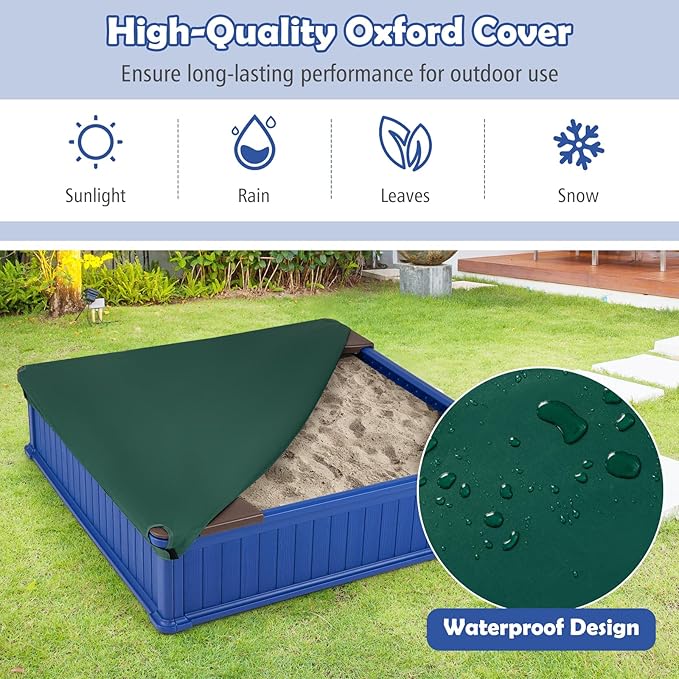 HONEY JOY 12.5 Kids Sandbox with Cover, 48 x 48 Inch Large HDPE Pit for Backyard, 4 Corner Seats & Bottom Liner, Sand Protection, All Weather Resistant Sand Boxes for Kids Outdoor (Blue)