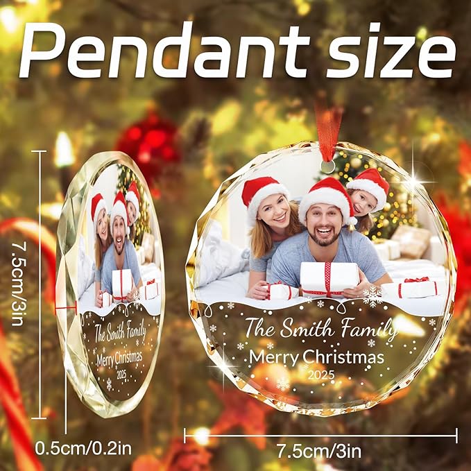 Personalized Crystal Ornament - Custom Photo Christmas Ornament with Text & Date, Customizable Holiday Keepsake Gift for Family, Mom, Dad, Couple, Friends - Elegant Christmas Tree Decoration