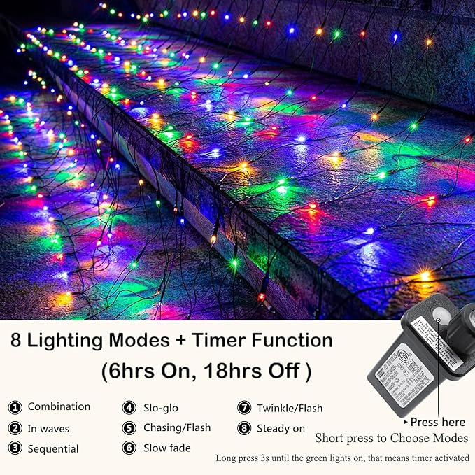 Joomer Christmas Net Lights - 12FT x 5FT 360 LED Plug-in Mesh Lights, Waterproof with 8 Modes, Timer, Connectable for Bushes, Trees, Garden, Outdoor Christmas Decor (Green Wire, Multicolor)