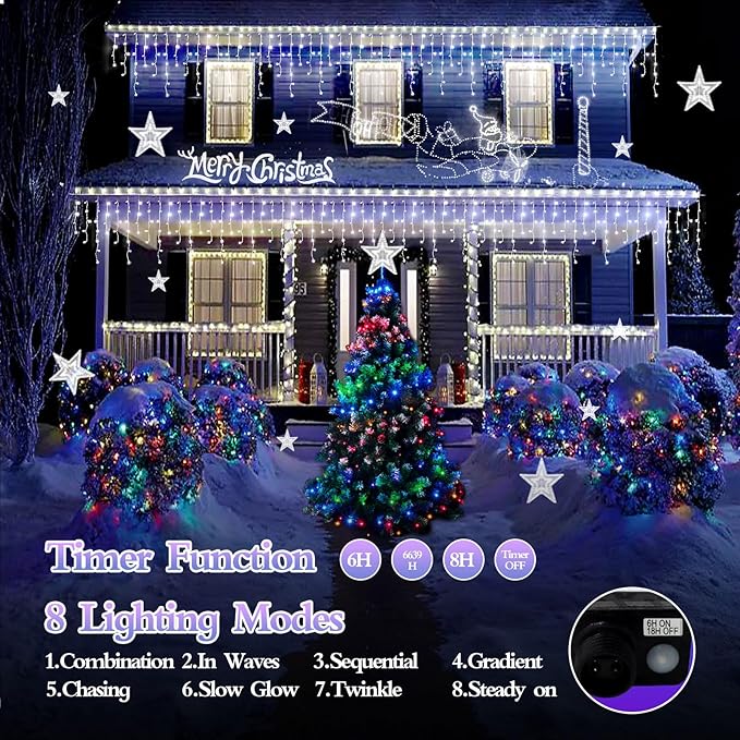 480 LED 49FT Christmas Lights Plug in 8 Modes with Timer Dimmable Ice Lights Outdoor Waterproof Indoor Ice String Lights for Roof Porch Garden Holiday Wedding Xmas Decor (Cool White)