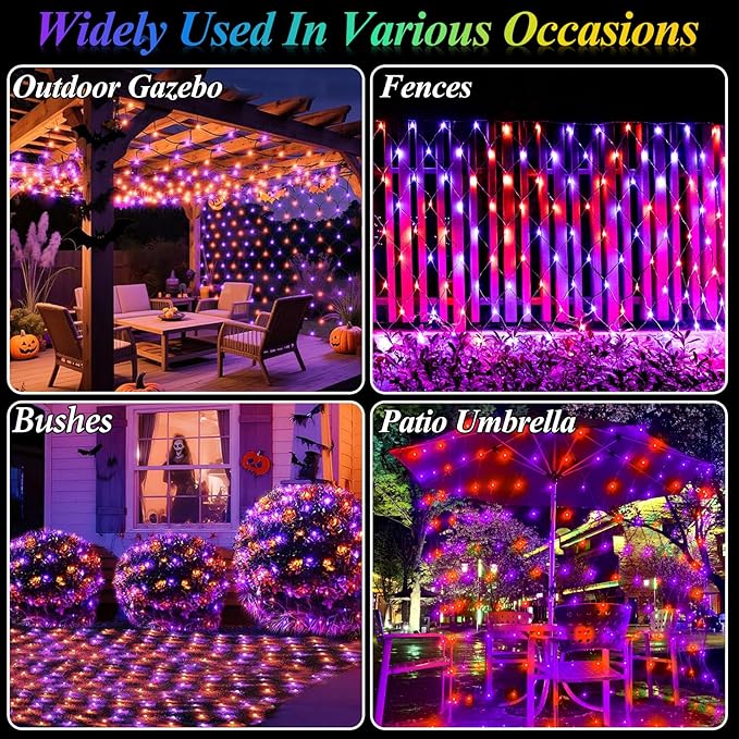 510LED Halloween Net Lights, 27.9ft x 5ft Outdoor Mesh Lights Purple Orange Clear Wire, 8 Modes & Timer, Waterproof Connectable String Lights for Bushes Xmas Tree Garden Holiday Party