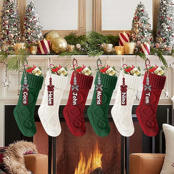 Christmas Stockings 18 Inches,Long Knitted Stocking with Name Tags, Christmas Decoration Hanging Stockings Fireplace Xmas Tree Ornaments for Home Family