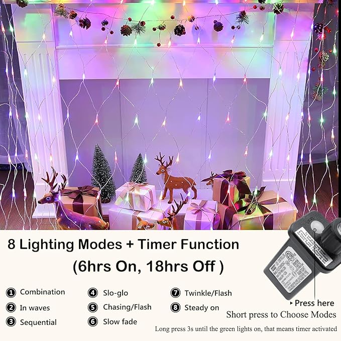 Joomer Christmas Net Lights - 12FT x 5FT 360 LED Plug-in Mesh Lights, Waterproof with 8 Modes, Timer, Connectable for Bushes, Trees, Garden, Outdoor Christmas Decor (Clear Wire, Multicolor)
