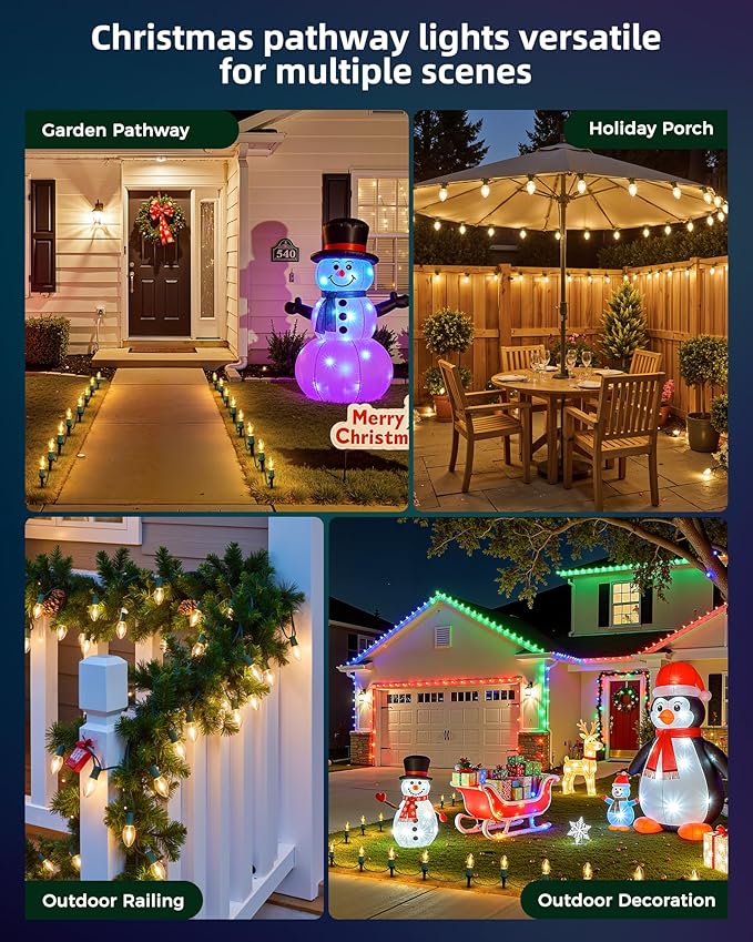C9 Christmas Lights, 51.4ft Christmas Pathway Lights Outdoor with 40 LED Bulbs and Stakes, Connectable Waterproof String Lights for Path Driveway Sidewalk Lawn Yard Holiday Decorations, Warm White