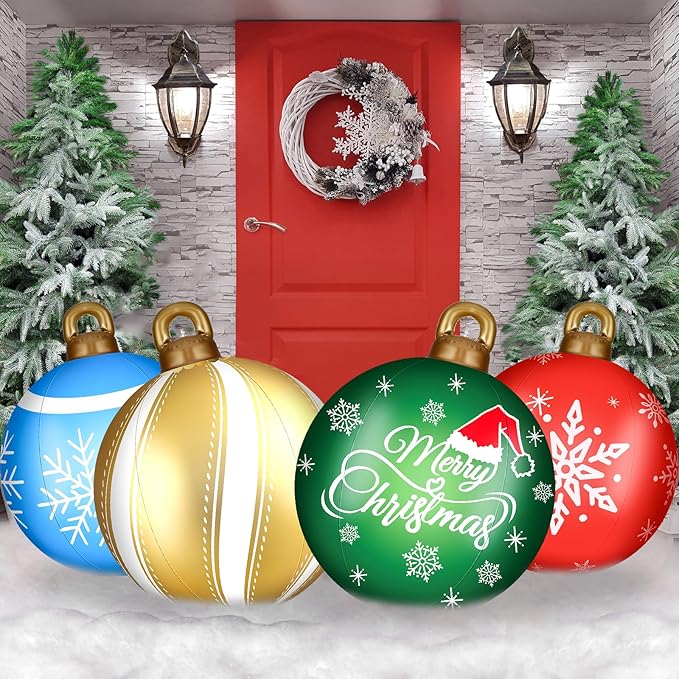 Jetec 4 Pcs Giant Inflatable Christmas Ball Large Xmas Inflatable Ornaments PVC Outdoor Holiday Blow Ball Outside Yard Lawn Porch Decorations (Snowy,Festive Color)