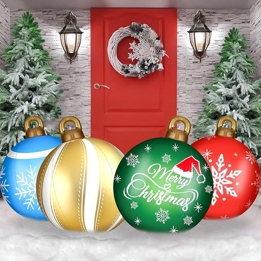 Jetec 4 Pcs Giant Inflatable Christmas Ball Large Xmas Inflatable Ornaments PVC Outdoor Holiday Blow Ball Outside Yard Lawn Porch Decorations (Snowy,Festive Color)