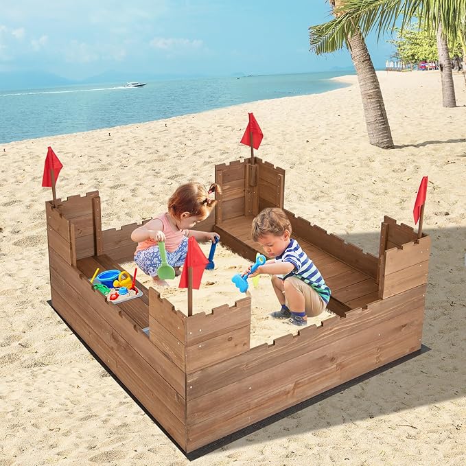 Costzon Kids Sandbox, Cedar Wood 45 x 45 Sand Pit w/Built-in Bench Seats, Storage Boxes, Flags & Protective Bottom Liner, Outdoor Sand Box for Kids Age 3+ for Backyard Garden Beach