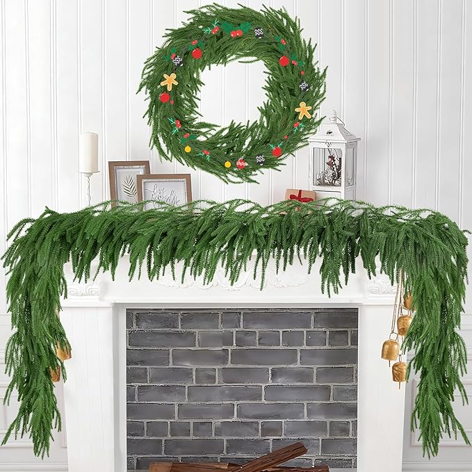 2Pcs 6FT Christmas Garland Artificial Norfolk Pine Garlands Real Touch Winter Green Greenery Garland Christmas Decoration Xmas Garland for Door Table Mantle Wall Indoor Outdoor Christmas Decor