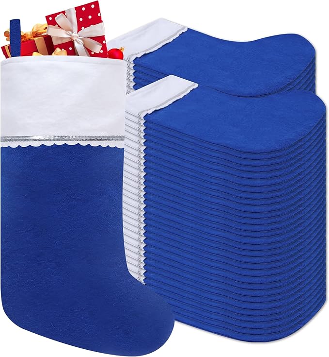 60 Pack Felt Christmas Stockings, 19 Inches Blue and White Christmas Stockings, White Cuff with Silver Trim Christmas Stockings for Family Christmas Holiday Decorations