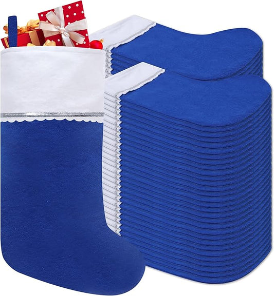 60 Pack Felt Christmas Stockings, 19 Inches Blue and White Christmas Stockings, White Cuff with Silver Trim Christmas Stockings for Family Christmas Holiday Decorations