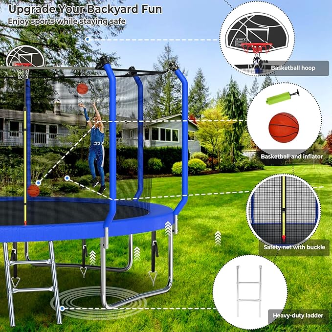 Lyromix Upgraded Trampoline 8FT/10FT/12FT/14FT With Basketball Hoop, Light, Sprinkler, Stakes - Outdoor Backyard for 4-6 Kids and Adults