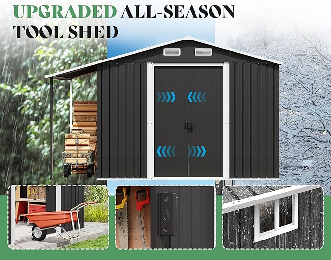 Jocisland Outdoor Storage Shed 10.6x10.3x6.3 FT, Rolling Door Shed with Dual 4-Pane Windows for Wood Storage, Dark Grey/White