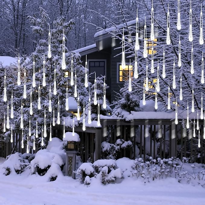2 Pack Christmas Decorations Lights Outdoor, Extendable Meteor Shower Lights with Timer, Total 384LED 30cm 16 Tubes Indoor Outdoor Snow Cascading String Light for Xmas Garden Party Decor (Cool White)