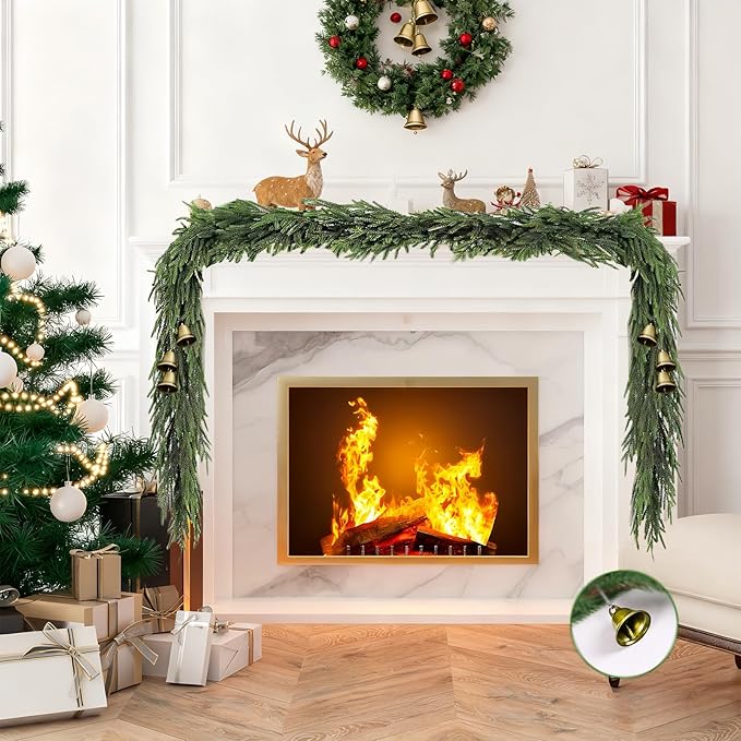 Christmas Garland of Artificial Norfolk Pine 2 Pcs 6 FT Christmas Decorations Indoor of Real Touch Garland with Bells Green Greenery Garland for Table Mantle Wall Stairs Home Outdoor （Green）