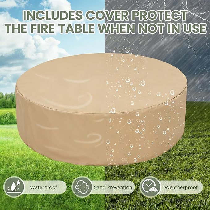 ECOTOUGE Propane Fire Pit Table, Outdoor Gas Fire Pit, 30''Auto-Ignition Round Steel Fire Table, 50,000 BTU Concrete fire Pit w/Weather-Resistant Pit Cover, No Tank Holder, Brown
