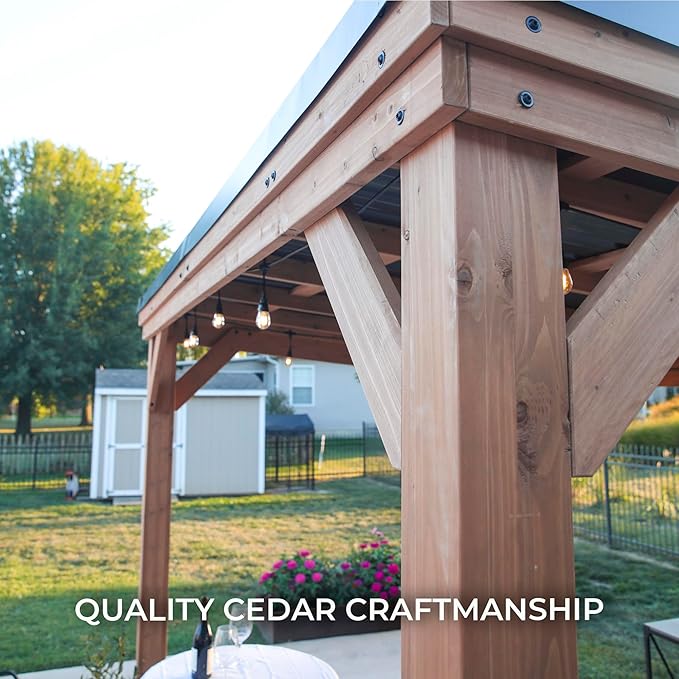 Backyard Discovery Arcadia 20' x 9.5' Cedar Wood Outdoor Gazebo Pavilion with Hardtop Galvanized Steel Slope Roof, Snow Support, Wind Resistance, PowerPort, Shade for Garden, Patio, Deck, Entertaining
