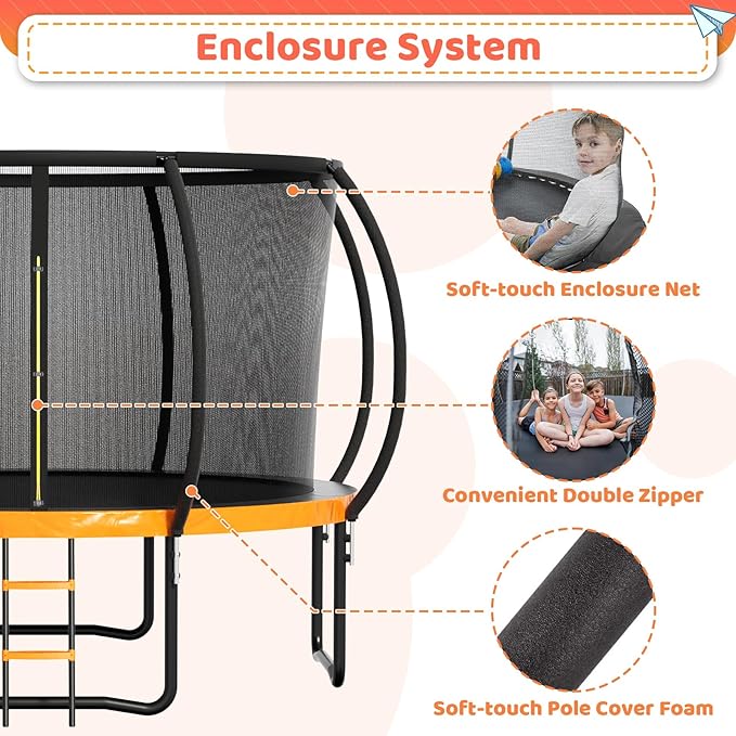8FT 10FT 12FT 14FT 16FT Trampoline Outdoor, Trampolines for Kids & Adults, Pumpkin Trampolines with Safety Net, Ladder, Coating Metal Frame, ASTM Approved Large Backyard Trampoline for Kids