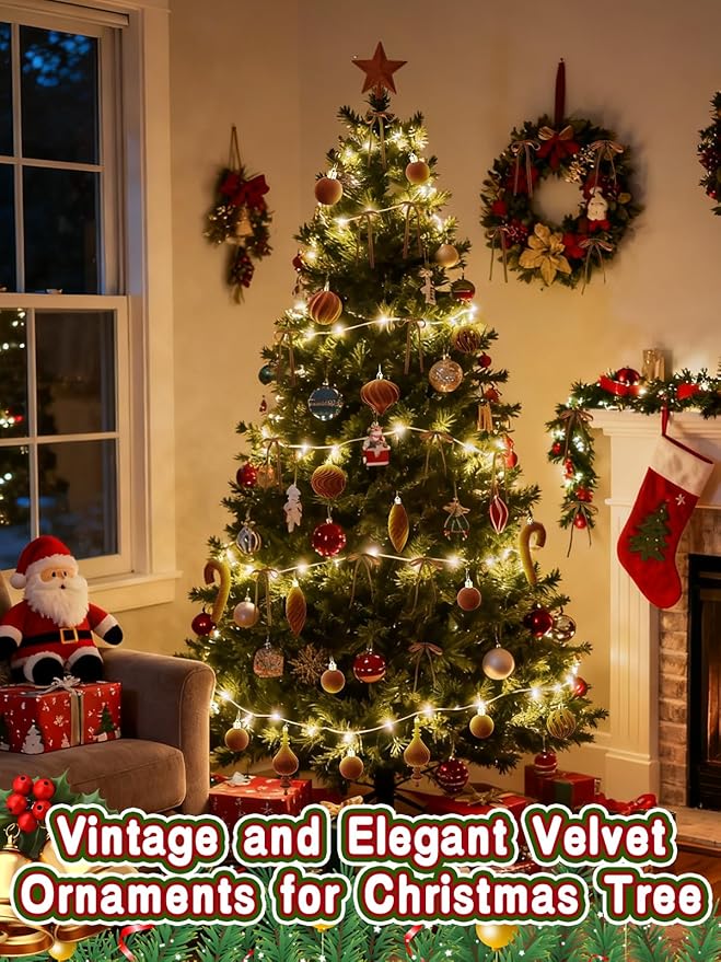 80Pcs Velvet Star Topper & Ornaments for Christmas Tree Decorations - 1 Topper Star, 2 Candy Canes, 27 Flocked Shatterproof Balls and 50 Bows (Brown)
