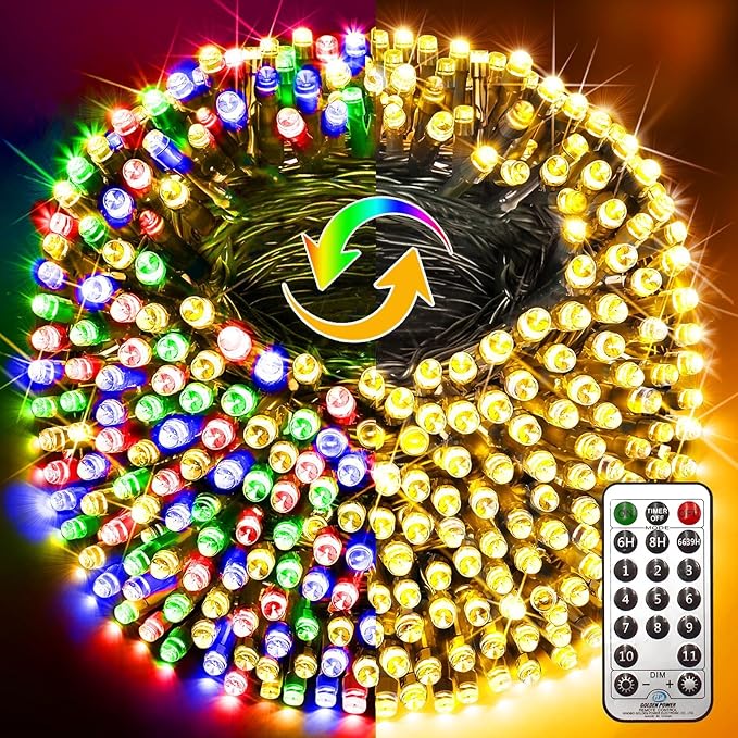 KNONEW 1000 LED 403FT Christmas Lights Outdoor Green Wire Color Changing String Lights with 11 Modes & Timer Dimmable Fairy Light for Xmas Tree Roof Yard Wedding Decorations(Warm White to Multicolor)