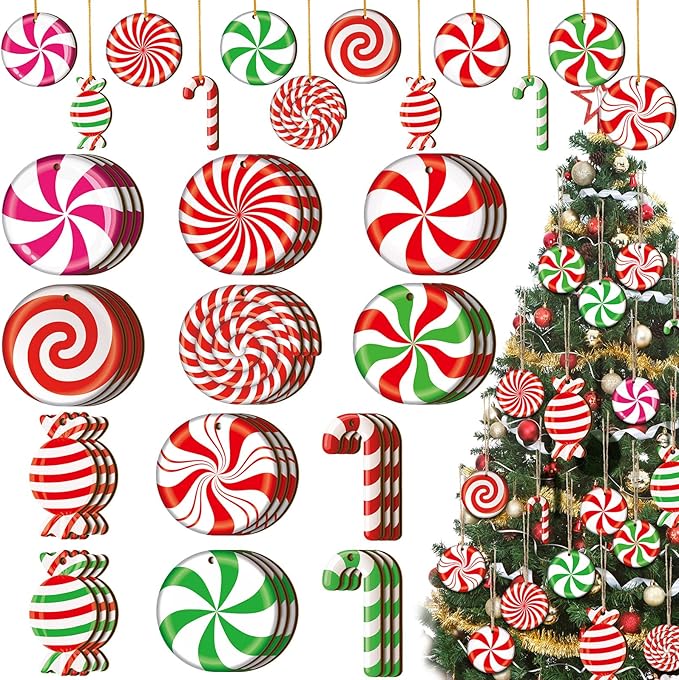 Qunclay 36 Pieces Candy Cane Christmas Ornaments Christmas Wood Hanging Decor Xmas Tree Wood Cutouts Peppermint Decor for Home Party Decoration Supplies (Colorful Candy)